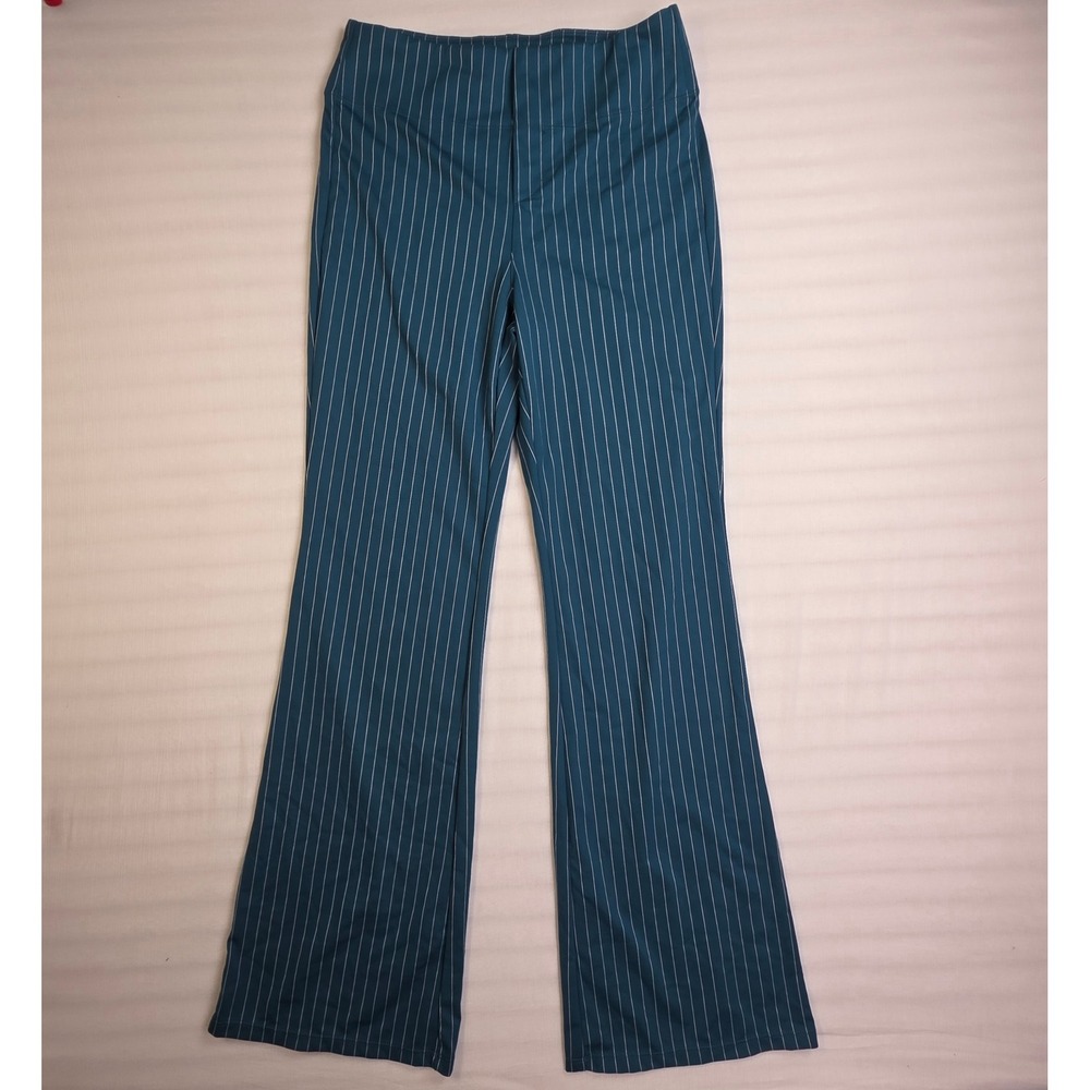 Halara Teal Blue Pinstripe High Waisted Flare Leg Pull On Pants Womens Size M